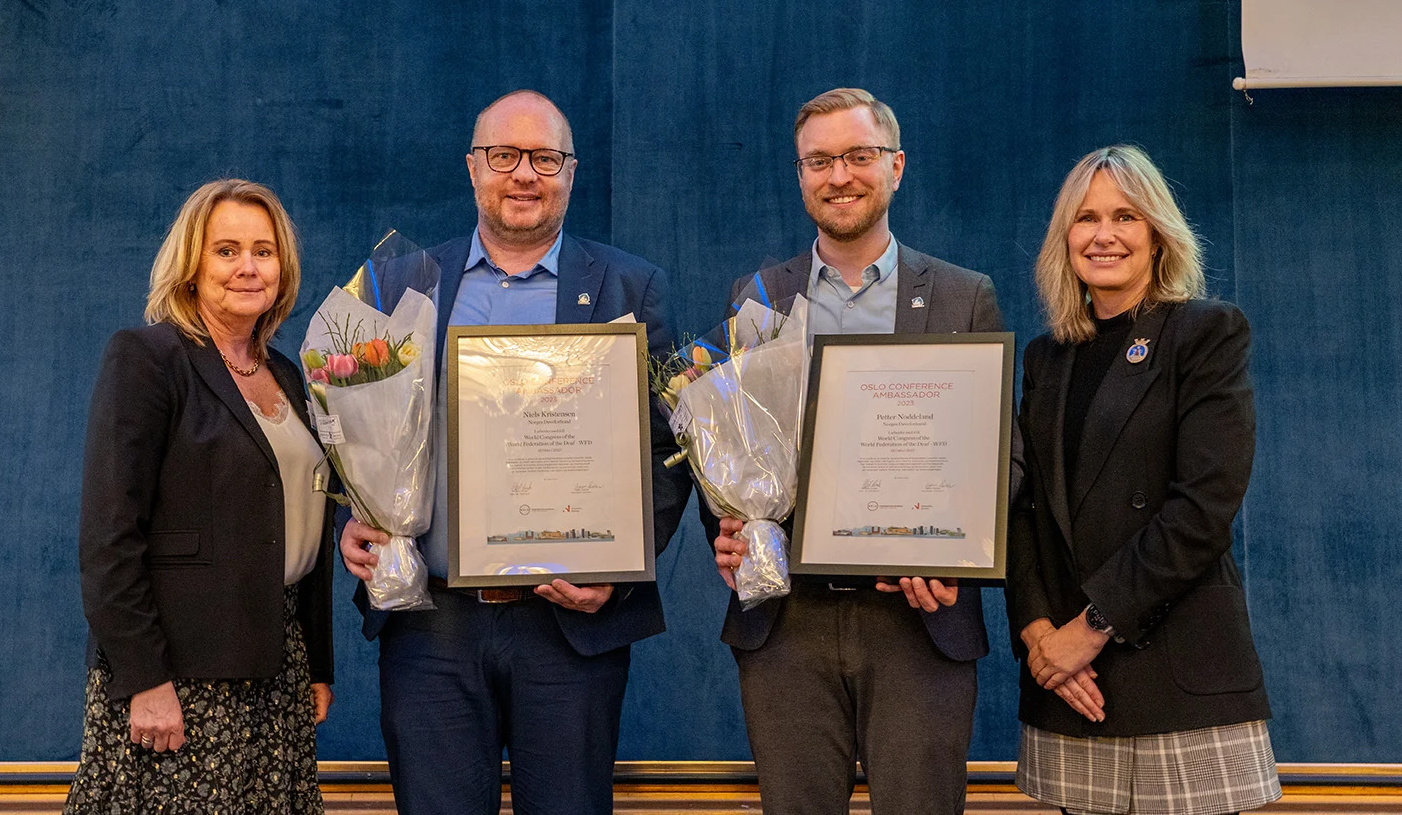 F.v.: Jorun A. Kristiansen, Niels Kristensen, Petter Noddeland og Ordfører i Oslo, Anne Lindboe